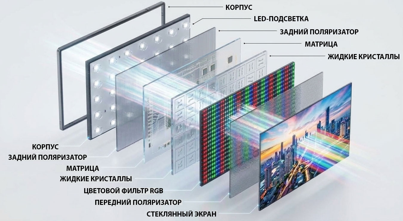 Схема внутреннего устройства LED-телевизора: подсветка, поляризаторы, матрица жидких кристаллов и экран